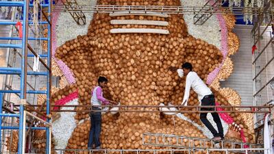 Indian artisans create a large idol of Hindu God Ganesh, sculpted using over 9,000 peeled coconuts, at a temple in Bangalore. AFP