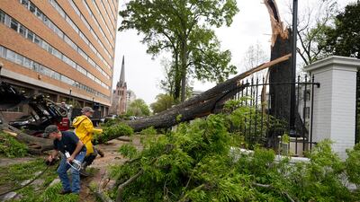 City and state workers race to clear the debris from this downed tree that was felled by strong winds on the grounds of the Mississippi Governor's Mansion on to a main intersection of Jackson. AP