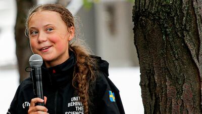 Swedish climate activist Greta Thunberg, 16, speaks after a 15-day journey crossing the Atlantic on August 28, 2019 in New York. AFP / Kena Betancur