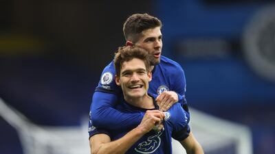 Chlsea's Marcos Alonso celebrates with teammate Christian Pulisic after scoring their second goal. Getty