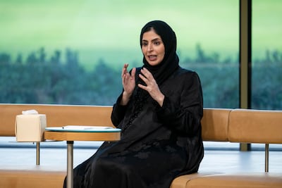 Dr Shamma Al Mazrouei, acting director general of the Mohamed bin Zayed Foundation for Humanity, speaks during the Majlis Mohamed bin Zayed event at Sheikh Zayed Grand Mosque. Photo: UAE Presidential Court