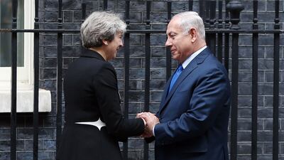 Britain's Prime Minister Theresa May greets Israeli Prime Minister Benjamin Netanyahu at Downing Street in London to mark 100th anniversary of the Balfour declaration. EPA/NEIL HALL