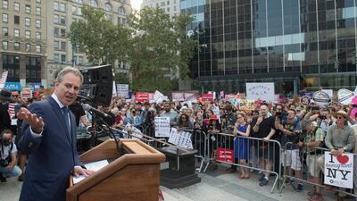 In this photo taken on September 5, 2017, New York Attorney General Eric Schneiderman speaks at a rally to defend DACA in New York. Bryan R Smith / AFP