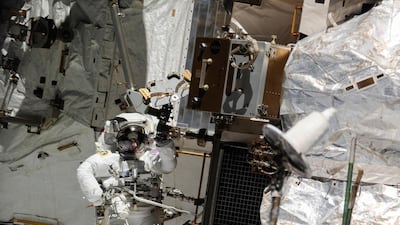 The 'extravehicular mobility unit' introduced in 1981. This two piece suit was designed for space walks of up to eight hours. Courtesy: Nasa