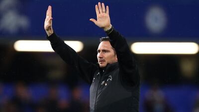 Derby County manager Frank Lampard applauds the fans after the League Cup tie against Chelsea at Stamford Bridge. Getty Images