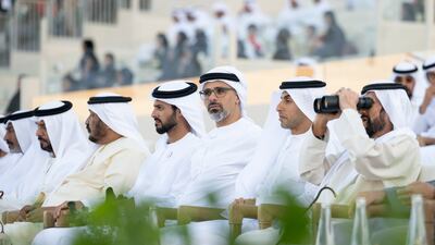 Sheikh Tahnoon bin Mohamed, Ruler's Representative in Al Ain Region; Sheikh Khaled bin Zayed, Chairman of the Board of Zayed Higher Organisation for Humanitarian Care and Special Needs; Sheikh Khaled bin Mohamed, Member of the Abu Dhabi Executive Council and Chairman of the Abu Dhabi Executive Office; Sheikh Zayed bin Hamdan; and Sheikh Saeed bin Mohamed attend the Union Parade. Hamad Al Kaabi / Presidential Court