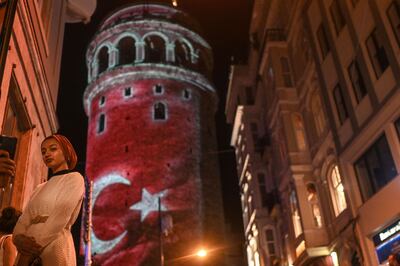 The Turkish flag is displayed on the Galata Tower to commemorate the failed coup of 2016. AFP