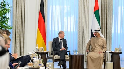 President Sheikh Mohamed and German Chancellor Olaf Scholz held talks on Sunday as a key energy partnership was agreed by the nations. All photos: Sheikh Mohamed bin Zayed/Twitter