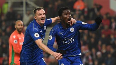 Daniel Amartey of Leicester City, right, celebrates with Andy King after scoring the equaliser. Michael Regan / Getty Images / December 17, 2016