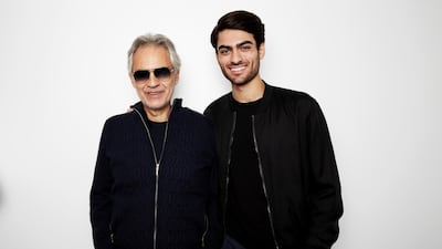 Andrea Bocelli and his son Matteo Bocelli pose for a portrait in New York to promote the album 'Si,' a collection of duets, including their father and son song, 'Fall On Me.' Photo by AP