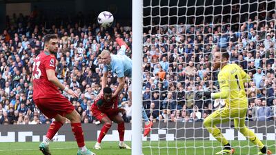 Erling Haaland scores Manchester City's second. EPA