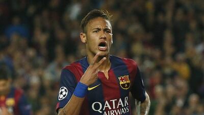 Barcelona's Neymar celebrates after scoring his second goal against PSG in the Champions League quarter-final second leg win on Tuesday. Albert Gea / Reuters / April 21, 2015