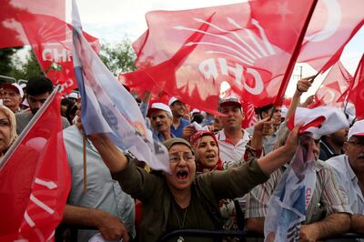 Supporters of Muharrem Ince, presidential candidate of the main opposition Republican People's Party (CHP), wave Turkish and party flags during an election rally in Diyarbakir, Turkey June 11, 2018. Sertac Kayar / Reuters
