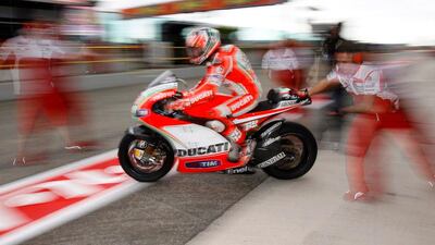 Ducati MotoGP rider Nicky Hayden leaves the pit during the first practice session of the San Marino motorcycling Grand Prix in Amisano Adriatico, Italy. Max Rossi / Reuters
