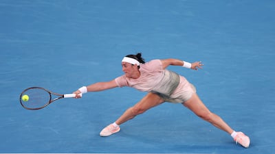 Ons Jabeur stretches for the ball during her match against Yuliia Starodubtseva. Getty Images