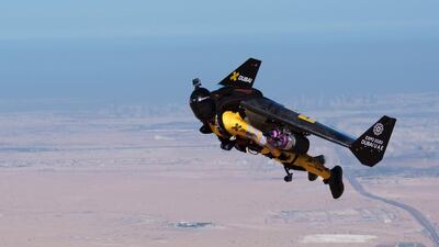 Yves Rossy, the Jetman, takes to the UAE skies in one of his regular training sessions. Courtesy Yves Rossy