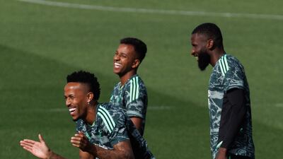 Left to right: Real's Elder Militao, Rodrygo Goes and Antonio Rudiger. EPA