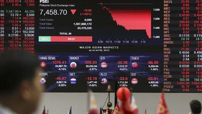 PHILIPPINES - Traders pass by an electronic board showing a downward trend both in Philippine and other Asian markets. The Philippine Stock Exchange index lost 80.15 points to end the day at 7,455.15. Aaron Favila / AP Photo