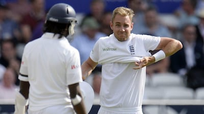 Stuart Broad gestures after finding out he has taken a hat trick during the first day of the second Test on Friday at Headingley. Philip Brown / Reuters / June 20, 2014