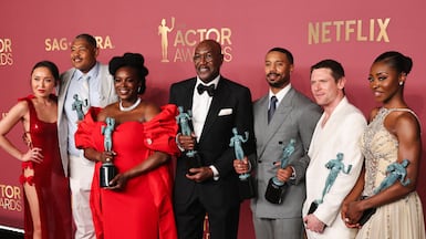The cast of Sinners with their Outstanding Performance By A Cast In A Motion Picture awards during the Actor Awards. Reuters