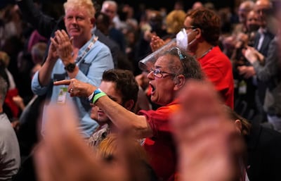 Labour activist Carole Vincent heckles during the keynote speech of Sir Keir Starmer at the Labour Party conference in Brighton. PA