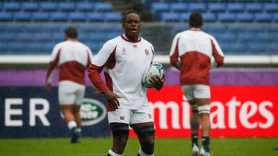 Maro Itoje preparing for the Rugby World Cup semi-final match between England and New Zealand in Tokyo. EPA