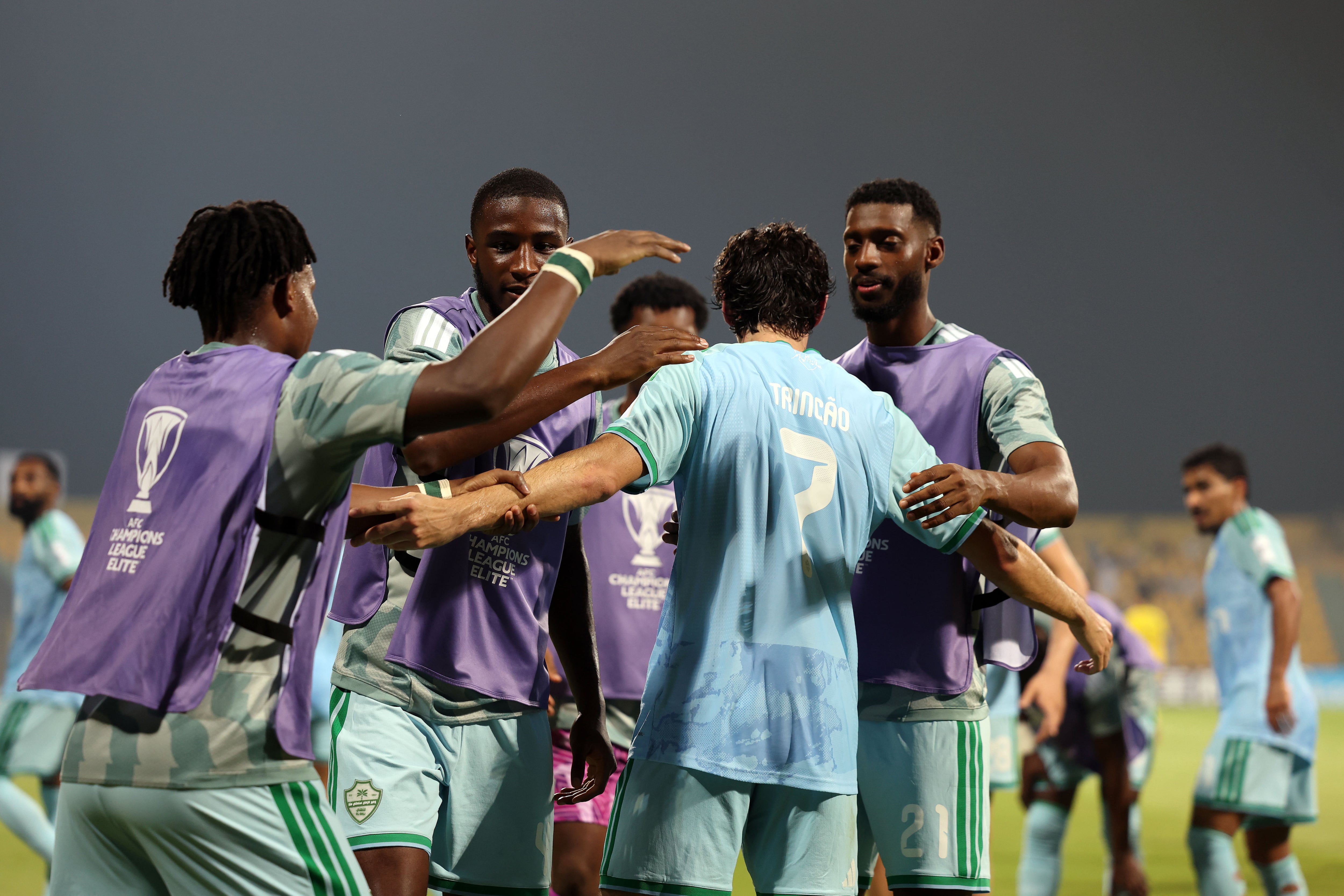 Al Ahli's Francisco Trincao celebrates with teammates after scoring at Zabeel Stadium. Chris Whiteoak / The National