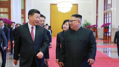 Kim Jong-un, right, walks with Chinese president Xi Jinping during their meeting in Beijing, China. KCNA / EPA