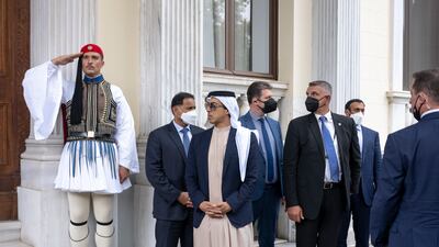 Sheikh Mansour bin Zayed, Deputy Prime Minister and Minister of Presidential Affairs, attends a reception hosted by Greek President Katerina Sakellaropoulou.