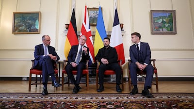 From left: Friedrich Merz, Keir Starmer, Volodymyr Zelenskyy and Emmanuel Macron at 10 Downing Street. Getty Images