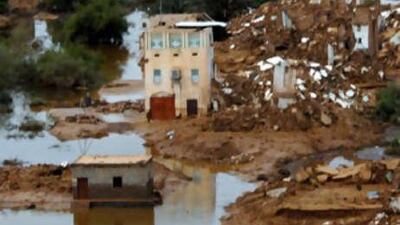 An aerial view shows water flooding an area in the eastern Yemeni province of Hadramaut on October 25, 2008. Aid operations swung into higher gear in Yemen today after floods killed at least 58 people and six more died from lightning strikes during two days of fierce storms.