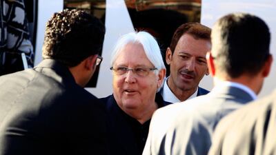 Martin Griffiths (C), the UN special envoy for Yemen, descends from his plane upon his arrival at Sanaa international airport on January 5, 2019. AFP