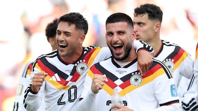Deniz Undav, right, of Germany takes the plaudits after his two goals against Ivory Coast. AFP