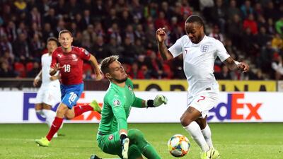 Czech Republic goalkeeper Tomas Vaclik makes a save from England's Raheem Sterling during the UEFA Euro 2020 qualifying, Group A match at Sinobo Stadium, Prague. PA Photo.
