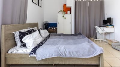 The bedroom in the 967 sq ft apartment