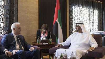 Sheikh Mohammed bin Zayed, Crown Prince of Abu Dhabi and Deputy Supreme Commander of the Armed Forces, meets with Tomislav Nikolic, President of Serbia, prior to being presented with The Order of the Republic of Serbia medal at Al Shati Palace. Ryan Carter / Crown Prince Court - Abu Dhabi