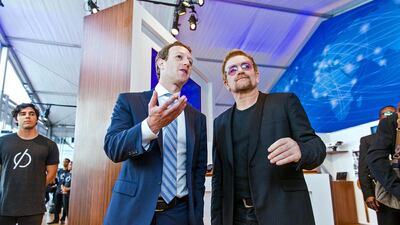Facebook founder Mark Zuckerberg, left, and U2 lead singer and ONE Campaign cofounder Bono during a campaign tour for the Global Connectivity Declaration, which aspires to deliver internet access to everybody on Earth by the year 2020. CNP / Sipa USA