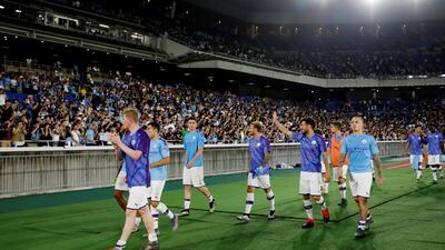 Manchester City's Kevin De Bruyne, David Silva and teammates applaud fans after the match. Reuters