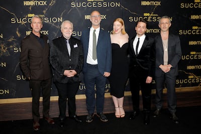 Alan Ruck, Brian Cox, Jesse Armstrong, Sarah Snook, Kieran Culkin and Jeremy Strong poseswhile attending the premiere of the third season of 'Succession' in New York, US on October 12, 2021. Reuters