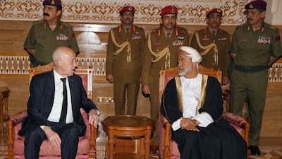Tunisian President Kais Saied (l) offers his condolences to Oman's Sultan Haitham bin Tariq Al Said (R) on the death of Sultan Qaboos, in Muscat, Oman. EPA