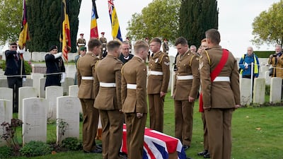 Yorkshire-born Cpl Robert Cook, who died in the First World War, is buried on Wednesday with full military honours at the New Irish Farm Cemetery near Ypres in Belgium. Photo: PA