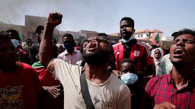 Demonstrators gather in Sudan's capital Khartoum to protest against the October 2021 military takeover. AP
