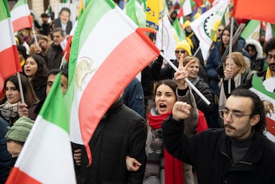 Demonstrators rally in Paris to mark the 46th anniversary of the Shah's overthrow and call for regime change in Iran. Getty Images