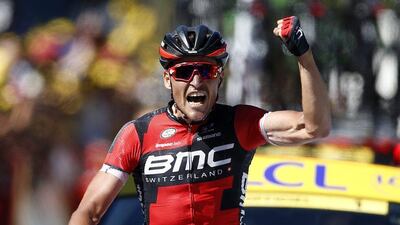 BMC Racing Team rider Greg Van Avermaet of Belgium celebrates after winning the fifth stage of the 103rd Tour de France on Wednesday at the finish in Le Lorian. Sebastien Nogier / EPA / July 6, 2016