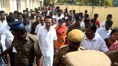 Dravida Munnetra Kazhagam (DMK) leader M.K. Stalin walks outside a polling station after casting his vote during the second phase of India's general elections in Chennai, India, Thursday, April 18, 2019. The Indian election is taking place in seven phases over six weeks in the country of 1.3 billion people. Some 900 million people are registered to vote for candidates to fill 543 seats in India's lower house of Parliament. (AP Photo/R. Parthibhan)
