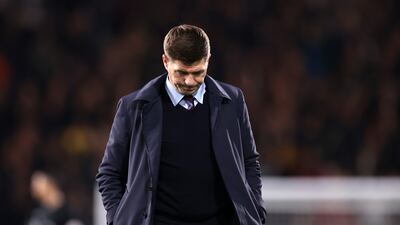 Aston Villa manager Steven Gerrard looks dejected following a 3-0 Premier League defeat to Fulham at Craven Cottage on October 20, 2022 in London, England. Gerrard was sacked by the Villa board shortly after. Getty Images