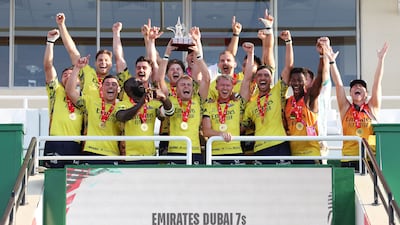 Dubai Hurricanes celebrate after beating Bahrain in the Gulf Men’s League final at the Emirates Dubai Sevens 2025. All images: Chris Whiteoak / The National