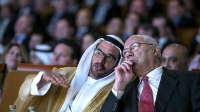 HE Nasser Ahmed al Sowaidi, chairman of NBAD, the Energy Authority, Abu Dhabi Securities Exchange and Etihad Rail, and member of Abu Dhabi Executive Council, talks with (right) general Colin Powell, as they attend the opening of Global Financial Markets Forum on Sunday, March 1, 2015, at the Emirates Palace. Silvia Razgova / The National