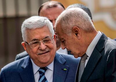 Palestinian President Mahmoud Abbas speaks to Arab League Secretary General Ahmed Aboul Gheit at an emergency meeting to discuss the US peace plan on February 1, 2020. AFP