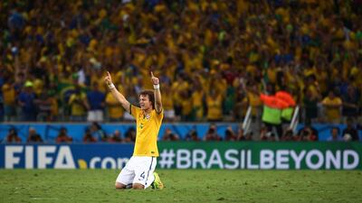 David Luiz celebrates after Brazil beat Colombia 2-1 on Friday at the 2014 World Cup quarter-finals in Fortaleza, Brazil. Robert Cianflone / Getty Images / July 4, 2014